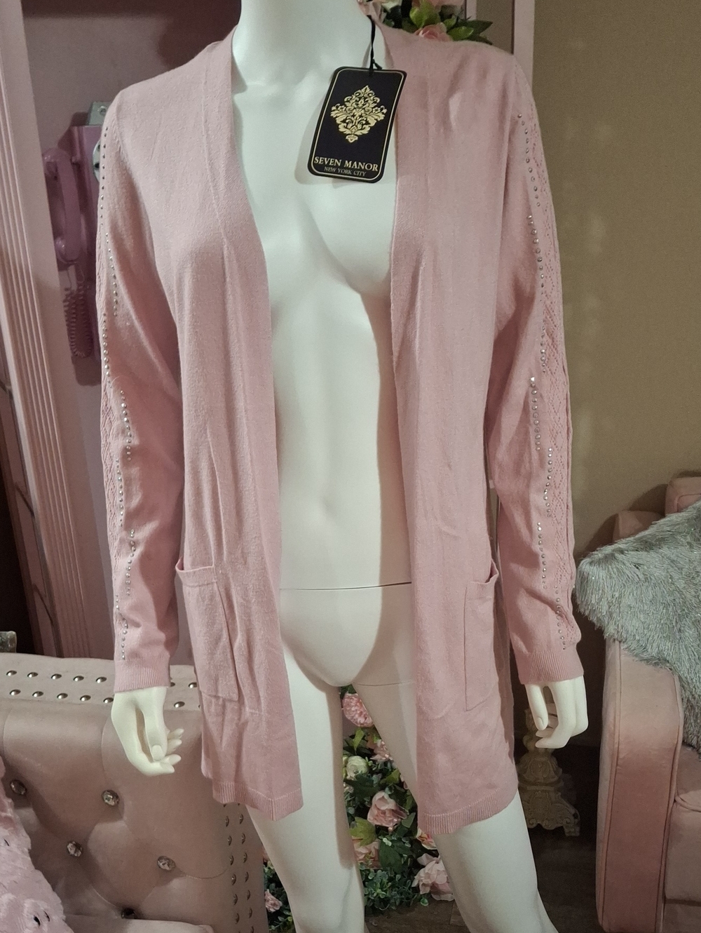 Seven Manor Pink Embellished Open-Front Cardigan NWT Size S
